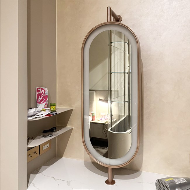 旋轉復古倒L型不鏽鋼框噴砂光源燈鏡-玫瑰金