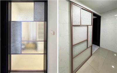 外掛式玫瑰金複合式鋁框拉門(水泥板+花板玻璃)WSP218